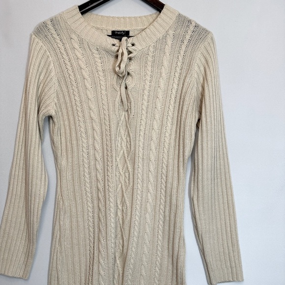 Phopsody Womens Sweater Dress Cable Knit Size M Cream Lace Up Tie Front Stretch - Picture 1 of 10